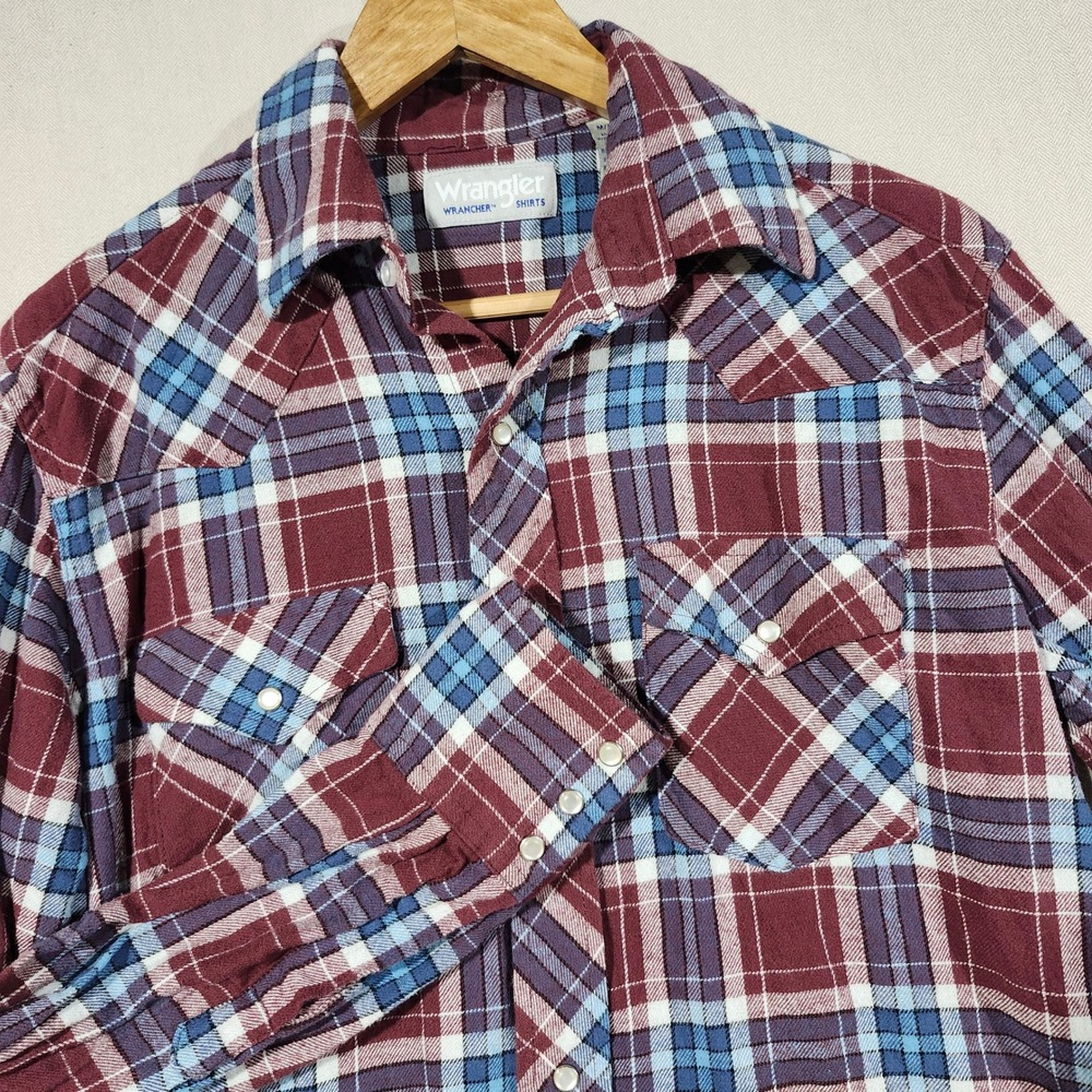 Wrangler Wrancher Mens Pearl Snap Western Shirt Plaid Burgundy‎ Blue Cotton M